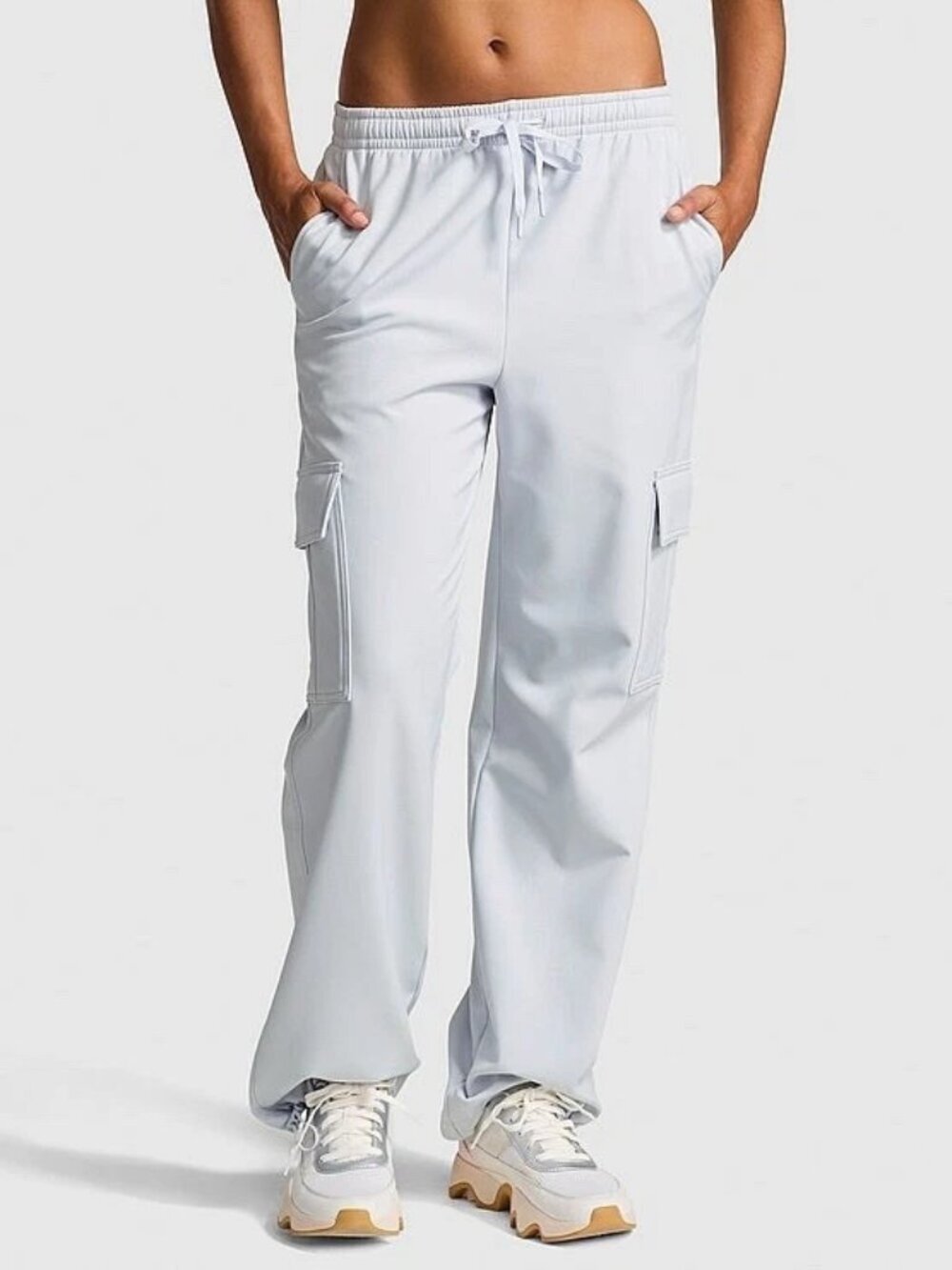 NWT Victoriaโs Secret PINK Brush Woven Cargo Pants Hydrangea Wide Leg Athleisure